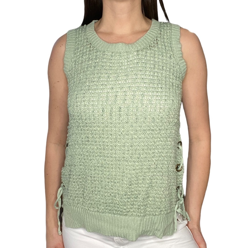 Easel Sage Green Scoop Neck Lace Up Sides Sleeveless Sweater Small
